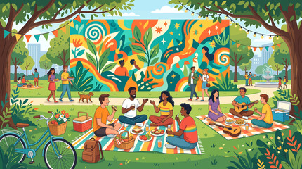 Colorful outdoor picnic with family and friends in park. © Bibit