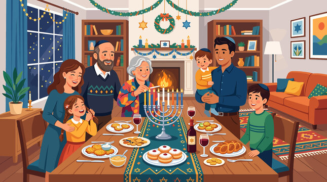 Family celebrating Hanukkah with menorah and dinner.