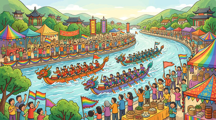 Colorful Dragon Boat Race Festival Celebration Scene. © Agos