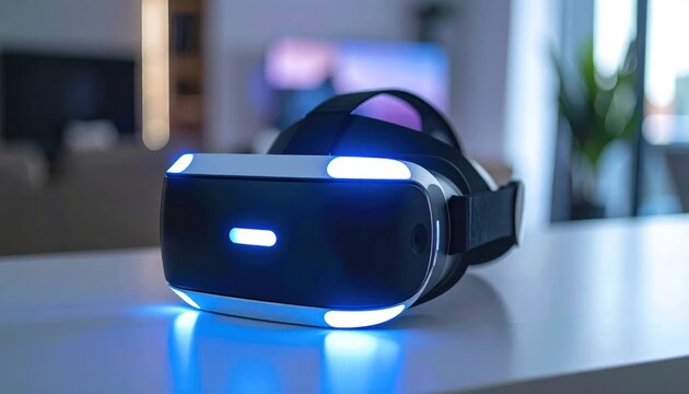 Modern Virtual Reality Headset Glowing on White Table in Contemporary Room