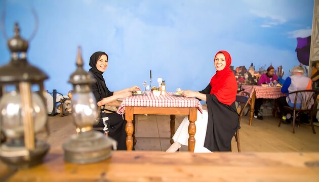 Two women in traditional attire walking through historic ruins.