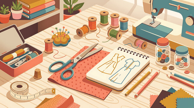 Colorful sewing workspace with tools and fabrics.
