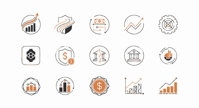 Hand drawn business and finance icon set featuring charts graphs bank buildings and money symbols.