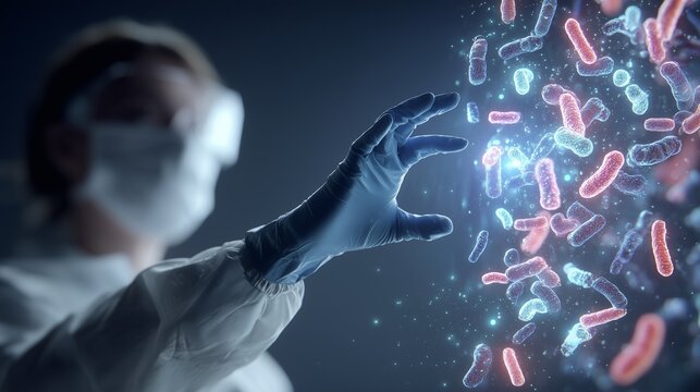 Scientist in glove reaching toward glowing bacterium, symbolizing antibiotic resistance research in medical laboratory study and infection control.