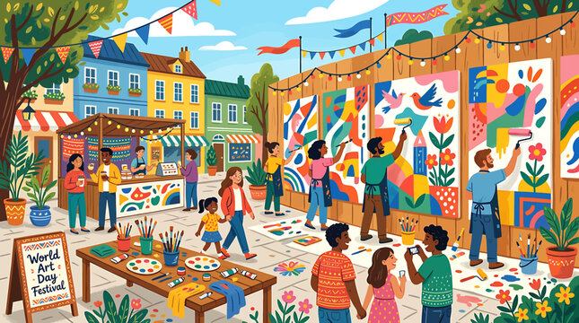 Colorful outdoor community art fair with families and crafts.