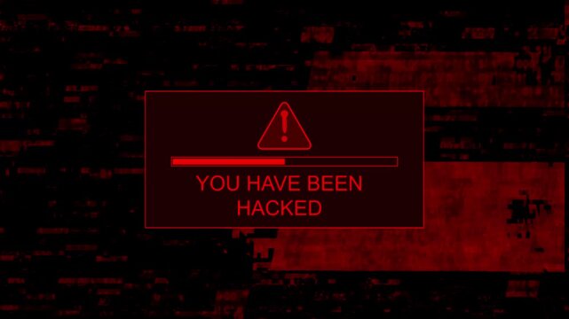 Cyber attack system warning screen displaying a red hazard triangle icon and you have been hacked text over a glitchy dark background.