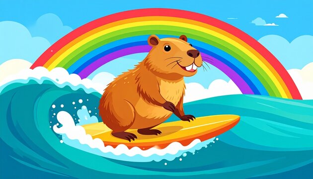 Capybara Surfing Adventure Riding A Wave On A Surfboard With A Colorful Rainbow In The Background In A Fun Cartoon Illustration Style