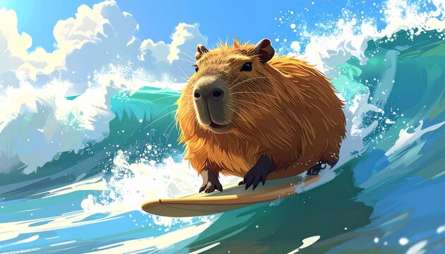 Capybara Surfing Adventure Riding A Blue Ocean Wave With A Dynamic Splash Trail In A Sunny Tropical Summer Setting Digital Art Style