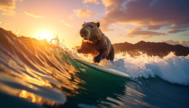 Capybara Surfing Adventure Riding A Wave During A Beautiful Golden Sunset Reflection In The Ocean Waters With A Cinematic Style