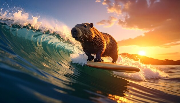 Capybara Surfing Adventure Riding A Large Ocean Wave During A Vibrant Sunset Reflection In A Cinematic And Surreal Style