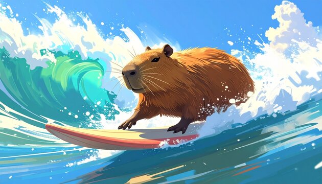 Capybara Surfing Adventure Riding A Large Ocean Wave With A Dynamic Splash Trail In A Vibrant And Energetic Summer Water Sport Scene