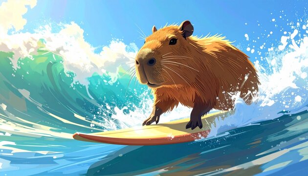Capybara Surfing Adventure Riding A Large Ocean Wave With A Dynamic Splash Trail In A Sunny Tropical Coastal Environment Digital Art
