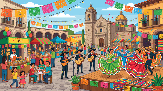Colorful Mexican Fiesta Celebration in Town Square.