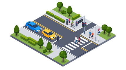 Obraz premium Isometric crossroad with cars, pedestrians, and traffic lights