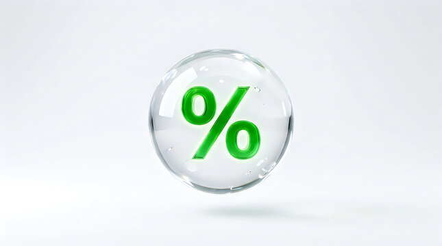 Green percentage symbol inside a clear glass sphere