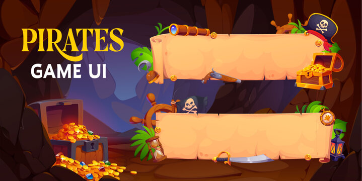 Old paper pirate scroll banners in treasures cave. Cartoon banners featuring empty parchment scrolls, treasures, weapons and navigation tools. Vibrant kids adventure illustration for storybook covers
