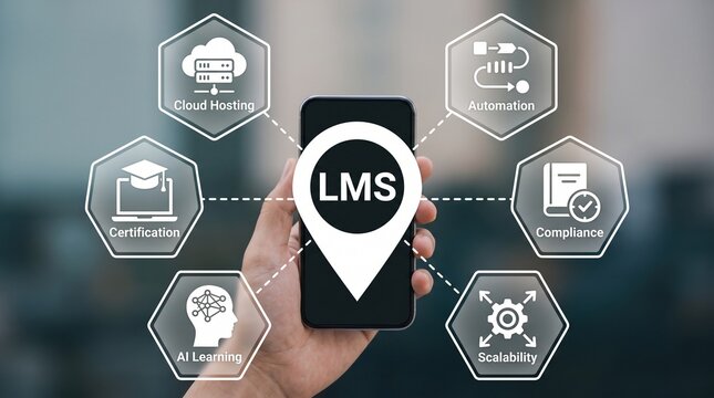 Hand holding smartphone with learning management system icons for online professional training learning management smartphone training education interface certification