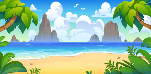 Fototapeta premium Cartoon tropical Caribbean island landscape with beach, palm trees and sea or ocean shore. Summer tropical island landscape background or seascape with rocks in water and seagulls in sky with clouds
