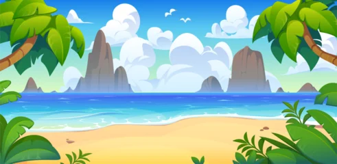 Cartoon tropical Caribbean island landscape with beach, palm trees and sea or ocean shore. Summer tropical island landscape background or seascape with rocks in water and seagulls in sky with clouds © Vector Tradition