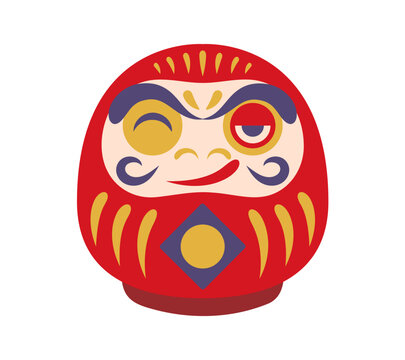 Japanese good luck Daruma talisman with winking eyes. Minimalist oriental festive symbol with thick eyebrows and curly mustaches for casual mobile game, language learning app or souvenir merchandise
