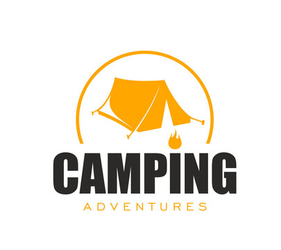 Camping tent icon with tent and campfire. Sticker, patch or emblem for outdoor adventure and travel spirit. Retro modern campsite signage for apparel and tee print, campers, tourists and nature lovers