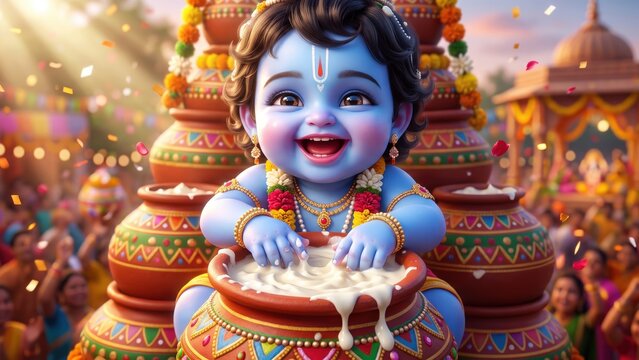 Baby Krishna Breaking Dahi Handi &ndash; Joyful Janmashtami Celebration