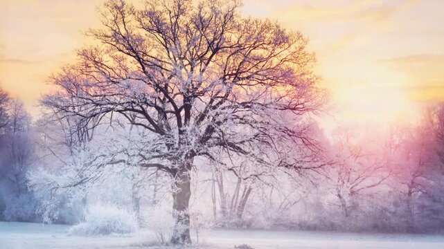 Beautiful winter wonderland landscape with a snow-covered oak tree during a golden hour sunset