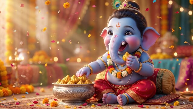 Baby Ganesha Eating Modak &ndash; Joyful Ganesh Chaturthi