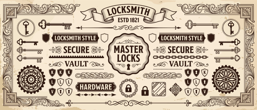 Locksmith vintage badge collection vector illustration featuring keys vault shield ribbon banners ornate frames for logo packaging design security hardware branding templates

