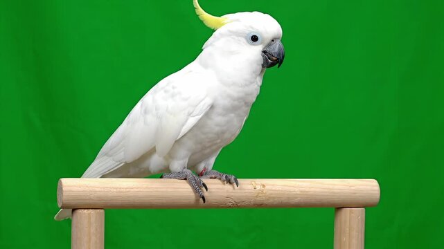 White cockatoo perched on wooden stand against green background