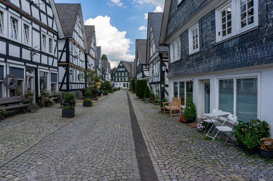Alley of Half-Timbered Houses in the Historic Town Center of Freudenberg, North Rhine-Westphalia, Germany