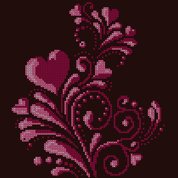 A digital cross-stitch embroidery pattern featuring romantic hearts, swirling floral vines, and decorative dots in shades of pink and magenta on a dark background. 