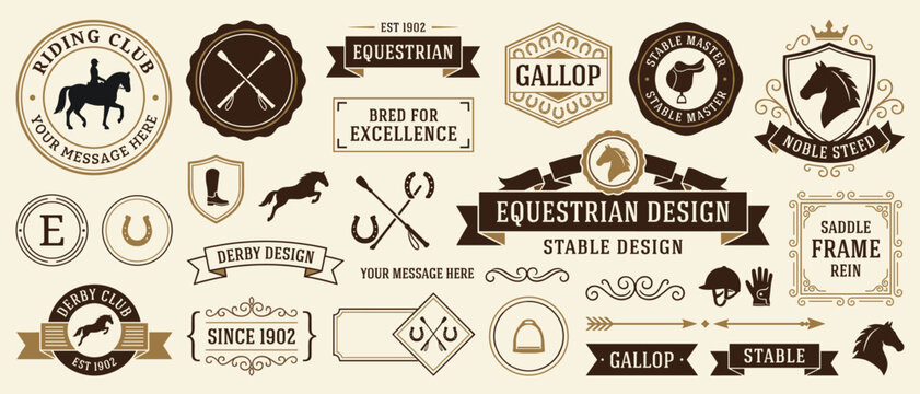 Equestrian riding club vintage badge collection vector illustration featuring horse horseshoe saddle ribbon banners ornate frames for logo packaging design stable branding templates
