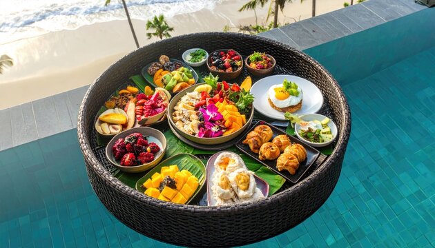 Floating breakfast tray with tropical food in pool