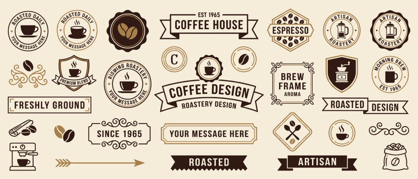Coffee house vintage badge collection vector illustration featuring cup bean roastery ribbon banners ornate frames for logo packaging design artisan espresso branding templates
