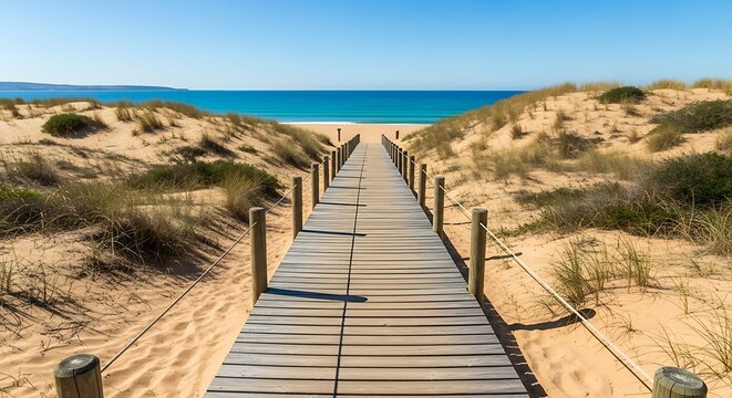 Wooden boardwalk winding through rugged coastal desert landscape.