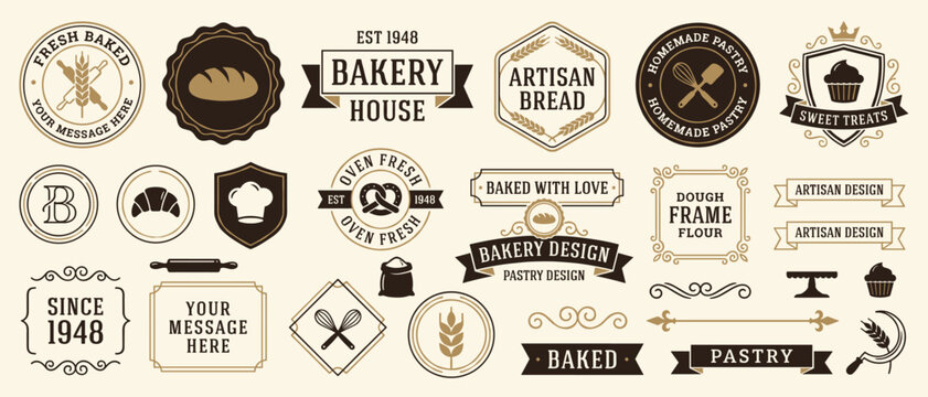 Bakery house vintage badge collection vector illustration featuring bread croissant wheat ribbon banners ornate frames for logo packaging design artisan pastry branding templates
