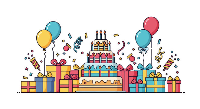 Colorful birthday cake with gifts.
