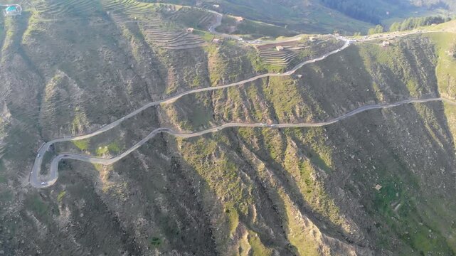 Aerial view of a dangerous high-altitude mountain road in North India.