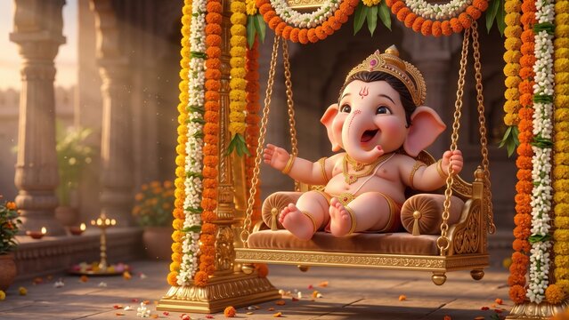 Baby Ganesha on Golden Jhula &ndash; Joyful Divine Swing
