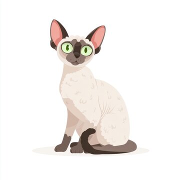 Cute Siamese Cat Illustration With Green Eyes Sitting On White Background