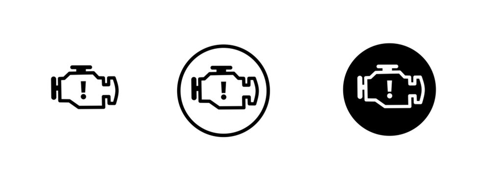 Check engine light vector icon set showing three simple black and white car dashboard warning symbol designs for automotive repair