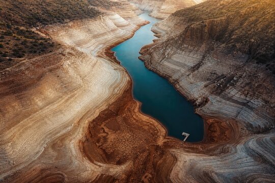 Aerial View of Drought Reservoir with Low Water Levels