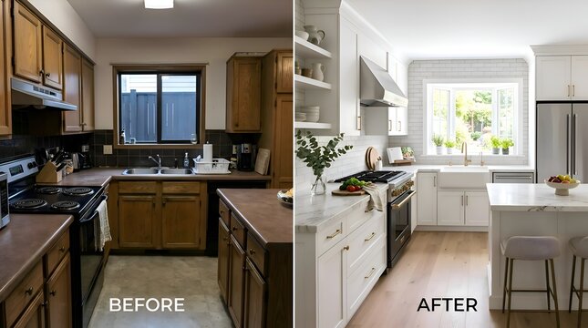 Kitchen renovation before and after comparison: outdated to modern, bright transformation