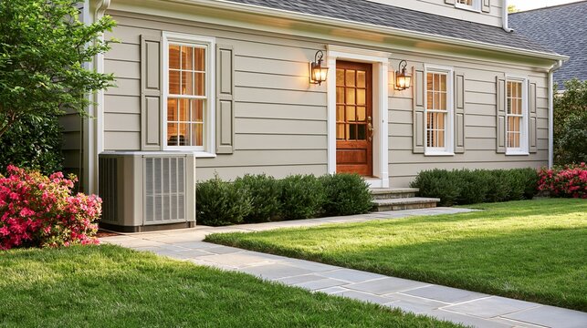 Modern residential air conditioning condenser unit installed on the side of a beautiful suburban house with green lawn and landscaping