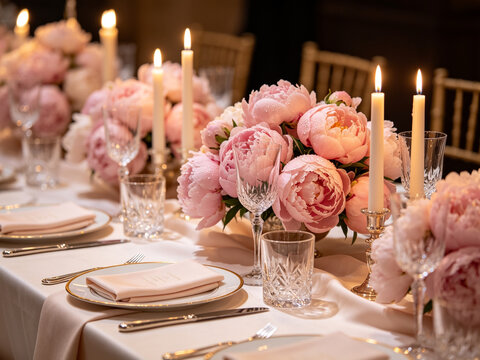 Elegant Table Setting with Pink Peonies and Lit Candles for a Romantic Dinner or Special Celebration Event