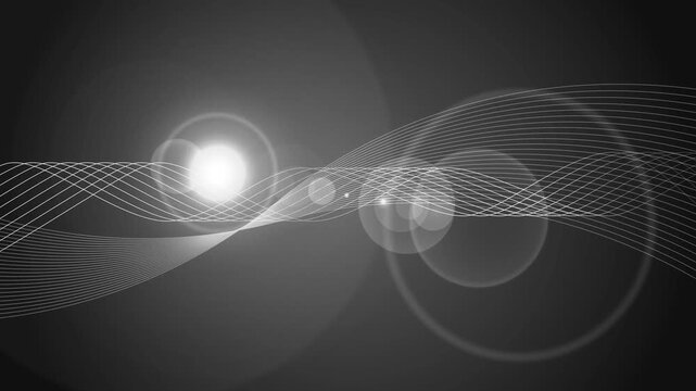 Abstract wave lines with lens flare animation, Abstract background with flowing white wave lines and bright lens flare, modern minimal tech design