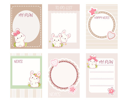 Kawaii bunny planner, notepad template collection. Cute vector set of daily agendas, to-do list, checklist, notes, sticker template. Perfect for stationery design, bullet journal, printable organizer