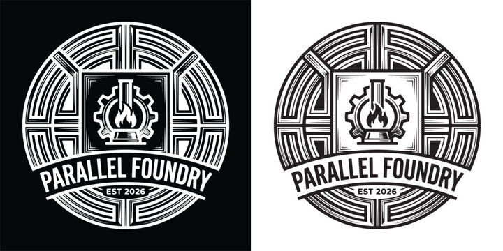 Parallel Foundry Industrial Vintage Logo Design, Gear Flame and Chemical Flask Emblem for Metallurgy and Manufacturing Workshop