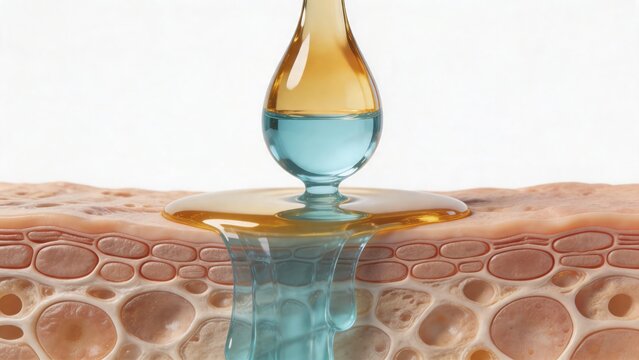 3D illustration of double layer oil serum droplet absorbing into skin structure